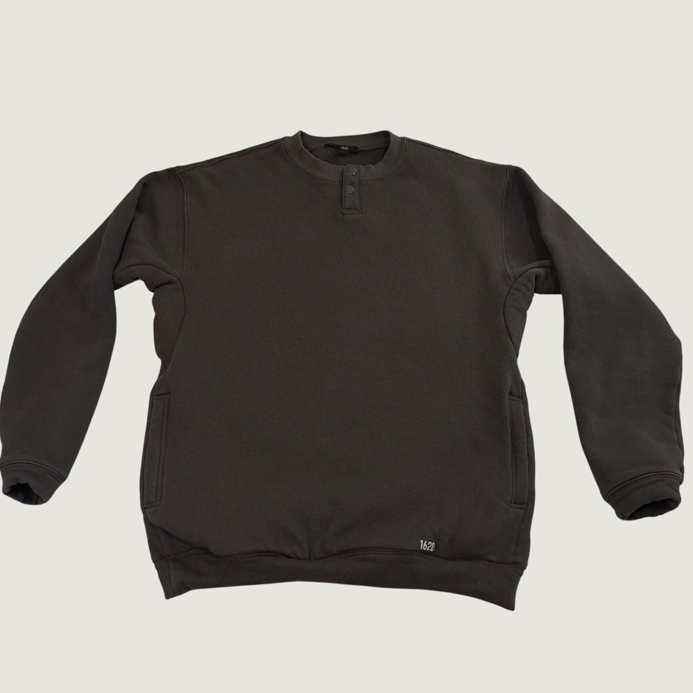 1620 Workwear Henley Sweatshirt Men L BLACK Good Made in USA Fleece Side Pockets